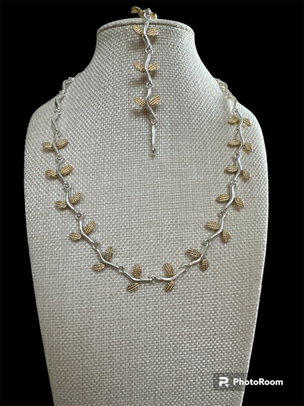 Vintage Napier Two-Tone Leaf Link Necklace and Bracelet Set - Gold & Silver